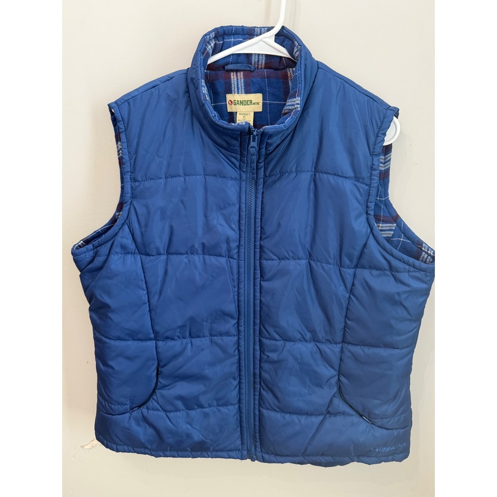 Gander Mountain Women's XL Puffer Vest Blue Quilted Plaid Flannel Lined Full Zip